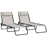 Outsunny Lot de 2 bain de soleil transat pliable dossier inclinable multi-positions acier lacets élastiques textilène crème(m-10)