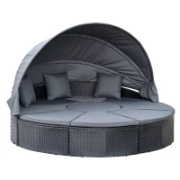 Outsunny 4 Pieces PE Rattan Garden Daybed Set, Outdoor Wicker Cushioned Round Sofa Bed Conversation Furniture with Coffee Table & Canopy, Black(m-1)