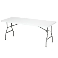Outsunny Folding Garden Table, 180 x 75cm Rectangular HDPE Outdoor Picnic Table for 6, Metal Frame for Patio, Park, White(m-1)