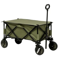 Outsunny Carro Plegable de Transporte con Mango Telescópico Tablero Plegable y 5 Bolsillos para Playa 108x55x93 cm Verde(m-10)