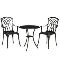 Outsunny 3 Pieces Garden Dining Set for 2, Cast Aluminium Outdoor Dining Set with 2 Armchairs and Round Dining Table with Parasol Hole, Garden Furniture Set, Bronze Tone(m-10)