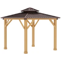 Outsunny 3x(3)M Outdoor Hardtop Gazebo Canopy with 2-Tier Roof and Solid Wood Frame, Outdoor Patio Shelter for Patio, Garden, Brown(m-10)