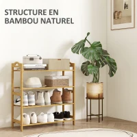 HOMCOM Étagère à chaussures en bambou à 4 niveaux porte-chaussures capacité 12 paires, 67,5 x 24,7 x 72 cm, effet bois naturel(m-4)