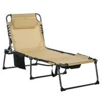 Outsunny Folding Sun Lounge with 5-level Reclining Back, Outdoor Tanning Chair with Reading Hole, Outdoor Sun Lounge with Side Pocket, Headrest, for Beach, Yard, Patio, Beige(m-1)
