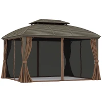 Outsunny 3.65 x 3(m) Hardtop Steel Gazebo Canopy with Aluminium Frame, Double Roof, Net Sidewalls and Curtains, Coffee(m-10)