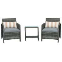 Outsunny 3 Pieces Rattan Bistro Set, Wicker Garden Furniture Set, Glass Top 2-tier Coffee Table and Chairs Set with Pillows and Washable Cushions for Outdoor, Patio, Balcony, Grey(m-10)