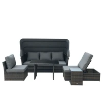 Outsunny 5 PCS Outdoor Rattan Wicker Sofa Sets Reclining Sofa Adjustable Canopy & Side Table Dining Table Set Sectional Conversation Furniture w/ Cushions, Mixed Grey(m-10)