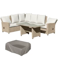 Outsunny 5 PCS Reclining PE Rattan Garden Dining Set Bonzer Patio Furniture w/ Sofa Chairs Glass Table, Olefin Cushions Adjustable Feet Stylish Lounge Conversation(m-10)