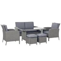 Outsunny 6 Pieces Rattan Garden Furniture Set, 6 Seater Garden Sofa Set with Glass Top Dining Table, Loveseat, 2 Armchairs and Ottomans, Wicker Outdoor Conservatory Furniture for Patio, Grey(m-10)