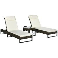 Outsunny Three-Piece Reclining Lounger Set, with Glass-Top Table - Cream(m-1)