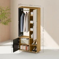 HOMCOM Armoire à Vêtements avec Miroir et Tringle à Vêtements, Compartiments de Rangement Ouverts, Bois Naturel, Noir(m-3)