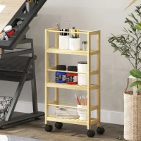 HOMCOM Badezimmerregal mit 3 Ebenen und Rollen aus Bambusholz, 36x15x73 cm, Holzfarbe(m-3)