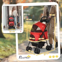 PawHut Dog Pram Dog Stroller Foldable Pet Pushchair with 4 Wheels, Safety Leashes, Cup Holder for Small Dogs, Red(m-3)
