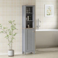 kleankin Bathroom Floor Storage Cabinet with 3 Tier Shelf and Cupboard with Door, Free Standing Linen Tower, Tall Slim Side Organizer Shelves, Grey(m-2)