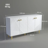 HOMCOM Buffet Wohnzimmer Aufbewahrungsschrank mit verstellbaren Regalen, Türenschränken, 140 x 35 x 77,5 cm, Weiß(m-3)