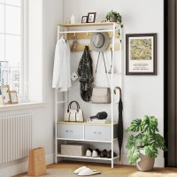 HOMCOM Móvel Cabide de Entrada com Banco Sapateira 8 Ganchos 2 Gavetas de Tecido Barra Prateleira 80x30x180,5 cm Branco e Madeira(m-2)