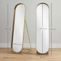 HOMCOM Bodenstehender gewölbter Spiegel 40 x 160 cm Metallrahmen und bruchsichere Folie Boden- oder Wandmontage Gold(m-3)