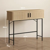 HOMCOM Console meuble, table console avec portes coulissantes à lattes et pieds en acier, pour salon, chêne et noir(m-3)