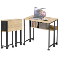 HOMCOM Klappbarer Schreibtisch auf Rollen 80 x 50 cm mit Regal und Aufbewahrungstasche, Eiche