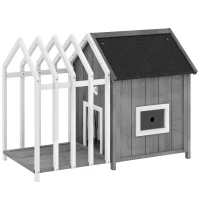 PawHut Hundehütte für den Außenbereich aus Holz, Hundehaus mit Terrasse, Lamellentür, 106 x 62,5 x 80,5 cm, Grau(m-6)