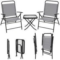 Outsunny Gartenmöbelset mit Tisch mit Glasplatte und 2 klappbaren Stühlen mit verstellbarer Rückenlehne, Grau(m-5)