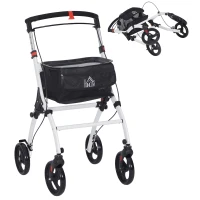 HOMCOM Andador para Personas Mayores Plegable de Aluminio con 4 Ruedas Bandeja Altura Ajustable Frenos de Maneta Blanco(m-10)