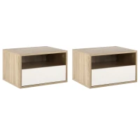 HOMCOM Set 2 Schwebende Nachttische mit Schublade und Regal 45x35x27,5cm - Weiß und Holzfarbe(m-5)