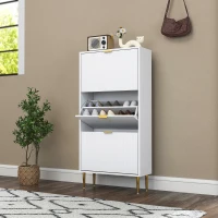 HOMCOM Schuhschrank schmal mit 3 gerillten Türen und verstellbaren Regalen für 18 Paar Schuhe 60x24x128 cm Weiß(m-4)