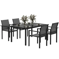 Outsunny Gartentisch im Freien mit 4 stapelbaren Stühlen, 140 cm gehärtetes Glasplatte, 54 mm Sonnenschirmloch, Schwarz(m-6)