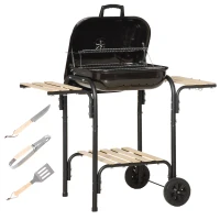 Outsunny Holzkohlegrill mit Deckel, Ablagen und Rädern, komplett mit Spachtel, Zange und Messer, Schwarz(m-1)