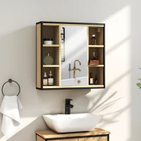 HOMCOM Wandspiegelschrank Badezimmer mit Spiegel, 52 x 24,5 cm mit 6 offenen Fächern und verstellbarem Regal, Eiche(m-2)