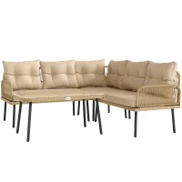 Outsunny Gartenmöbel-Set im Freien aus Polyrattan für 5 Personen, Glastisch und Kissen inklusive, Naturholz(m-1)