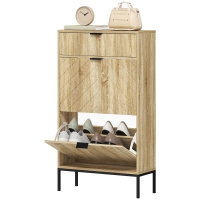 HOMCOM Schuhschrank für 8 Paare mit herausziehbarer Schublade, 2 klappbaren Schubladen, verstellbaren Regalen, 60x24x105,5cm, Eiche