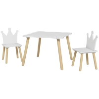 AIYAPLAY Set Tisch und 2 Stühle für Kinder mit Krönchen-Rückenlehne, Alter 3-6 Jahre, Weiß
