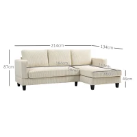 HOMCOM Ecksofa aus Rippvelours, 3-Sitzer Sofa mit Ottomane und dick gepolstertem Federkissen, Breite 214 cm, Beige(m-3)