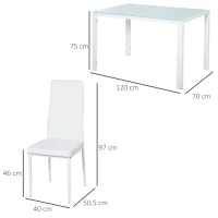HOMCOM Esszimmer-Set mit Esstisch und Stühlen für 4 Personen, rechteckige Glasplatte, für Küche Wohnzimmer Zuhause, Weiß(m-3)