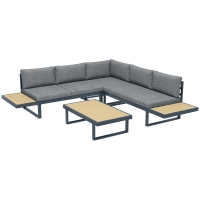 Outsunny Design Ecksofa-Set 5 Plätze Kissen Couchtisch Aluminium Anthrazitgrau Holzoptik