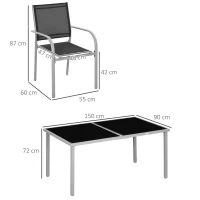 Outsunny Gartenmöbel-Set 6 Stühle + 1 Tisch aus Stahl Gartenmöbel-Set 7-teilig stapelbare Stühle Tischplatte aus gehärtetem Glas schwarz(m-3)