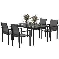 Outsunny Gartentisch im Freien mit 4 stapelbaren Stühlen, 140 cm gehärtetes Glasplatte, 54 mm Sonnenschirmloch, Schwarz(m-1)