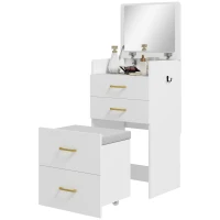 HOMCOM Coiffeuse mit Spiegel und Hocker 3 in 1, 3 Schubladen und transparenter Glassplatte, gepolstertes Kissen, 48 x 40 x 90 cm, weiß(m-1)