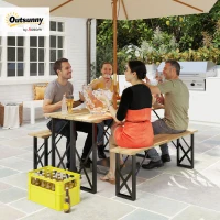 Outsunny Holztisch und Bänke Set Holzpicknicktisch mit Bänken für 6 bis 8, 160 cm Sonnenschirmloch von 5 cm braun(m-2)