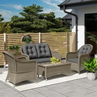Outsunny Four-Piece Rattan Sofa Set, with Glass-Top Table - Light Grey(m-9)
