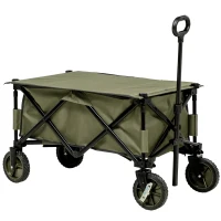 Outsunny Folding Garden Trolley, Cargo Trailer on Wheels, Collapsible Camping Trolley with Folding Board, Outdoor Utility Wagon with Steel Frame and Oxford Fabric, Green(m-1)