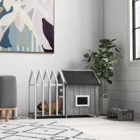 PawHut Hundehütte für den Außenbereich aus Holz, Hundehaus mit Terrasse, Lamellentür, 106 x 62,5 x 80,5 cm, Grau(m-4)