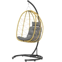 Outsunny Hängesessel mit Kissen, aus Stahl und PE Rattan, 102x102x195 cm, Schwarz Grau und Beige(m-1)