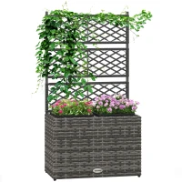Outsunny Hochbeet mit Rankgitter für Rankpflanzen mit 2 Innenkübeln aus Stahl und PE-Rattan, 57x30x107cm, Grau(m-5)
