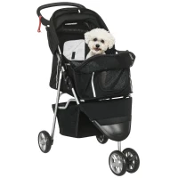 PawHut Carrito para Perros Pequeños con Cesta de Almacenaje Ventanas de Malla y 2 Ruedas Universales 75x45x97 cm Negro(m-10)