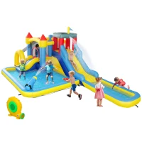 AIYAPLAY Schloss aufblasbar mit Gebläse Wasserpark Rutschen, Trampolin, Kletterwand, Wasserpistole, Basketballkorb(m-6)
