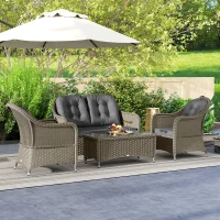 Outsunny Four-Piece Rattan Sofa Set, with Glass-Top Table - Light Grey(m-8)
