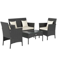 Outsunny Conjunto de Jardim de Vime Sintético com 2 Poltronas 1 Sofá de 2 Lugares 1 Mesa de Centro e Almofadas Preto e Branco(m-1)